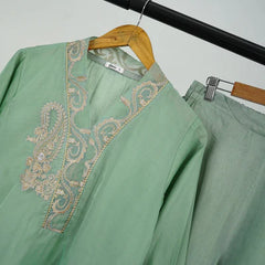 3 Pc Olive Oranza Embroidered Suit
