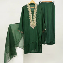 3 Pc Raw Silk Green Embroidered Suit