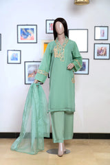 3 Pc Olive Oranza Embroidered Suit