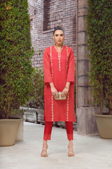 RED Stripe Embroidered Kurta -EP2 – Noorangi – Swiss Lawn