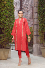 RED Stripe Embroidered Kurta -EP2 – Noorangi – Swiss Lawn