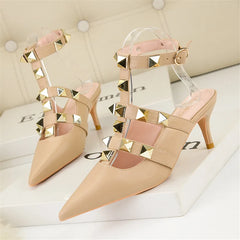 Female Rivets T-strap Sandals Pointy Toe Soft Leather Sexy Women Shoes Comfort 6CM High Heels Ladies Work Dress Shoe