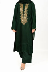 3 Pc Raw Silk Green Embroidered Suit