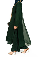 3 Pc Raw Silk Green Embroidered Suit