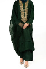 3 Pc Raw Silk Green Embroidered Suit