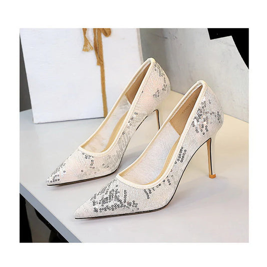Women Pumps pointed tip High Heels Women 9.5 Cm Heels Lace mesh Wedding shoes Stiletto Sexy party shoes