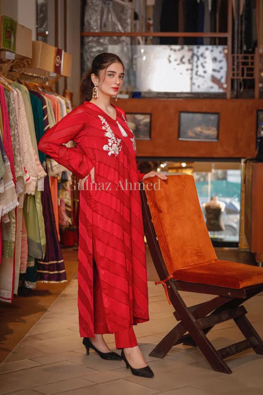 Deep Red Two Piece Diagonal Lines