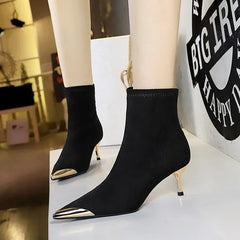 Street Style Fur Metal Hollow Heel Modern Faux Suede Short Boots for Women Metal Pointed Toe Low Heel Boots Female