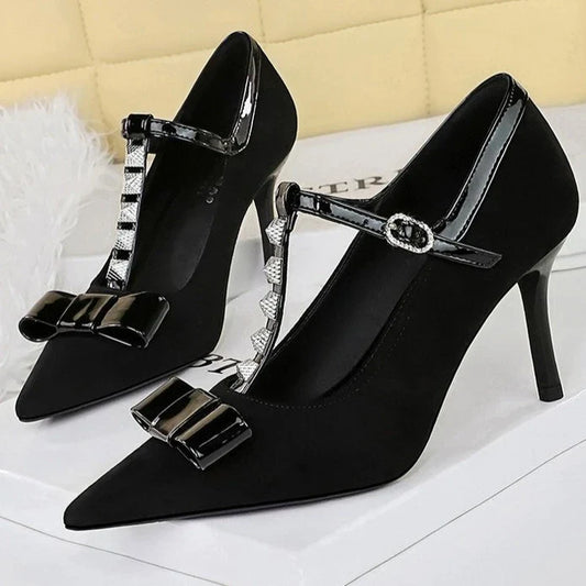 Banquet Bow Rivet T-button Pointed Head High Heel Women's Single Shoes