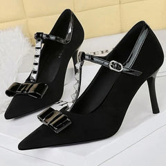 Banquet Bow Rivet T-button Pointed Head High Heel Women's Single Shoes