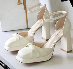 One-Strip Ultra-High Heel Sandals Platform Thick Heel Bow Women Shoes Square Toe Shallow Mouth Hollow Shoes