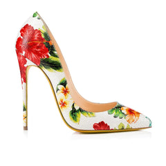 Hand Painted Colorful Floral Printed Women Party Wedding Leather Shoes 12cm Stiletto Sexy High Heels Pointed Toe Pumps