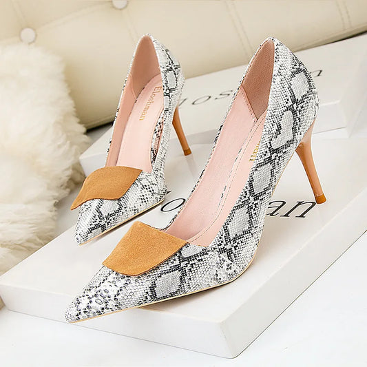Sexy Snake Pattern Women Shoes Shallow Female High Heels Shoes Pointed Dress Nightclub Shoes Woman