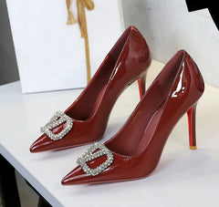 Banquet Pointed High Heels, Shallow Metal Rhinestone Thin Heel Patent Leather High Heels