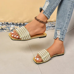 Women Luxury Pearl Slippers Square Toe Beach Flat Sandals Comfortable Non Slip Slippers Slides Women