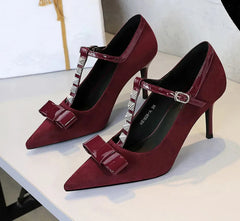 Banquet Bow Rivet T-button Pointed Head High Heel Women's Single Shoes