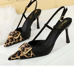 Satin Leopard Pointed Toe Women's Banquet Dress Shoes Elegant Thin High Heeled Pumps Ankle Strap Sexy
