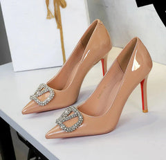 Banquet Pointed High Heels, Shallow Metal Rhinestone Thin Heel Patent Leather High Heels