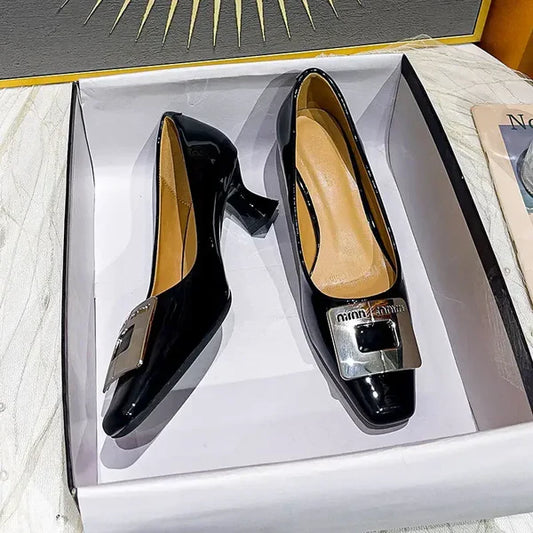 Square Head Kitten Heels Stiletto Women's Shoes Patent Leather Light Mouth French Kitten Heel Shoes