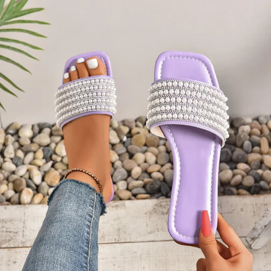 Women Luxury Pearl Slippers Square Toe Beach Flat Sandals Comfortable Non Slip Slippers Slides Women