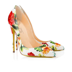 Hand Painted Colorful Floral Printed Women Party Wedding Leather Shoes 12cm Stiletto Sexy High Heels Pointed Toe Pumps