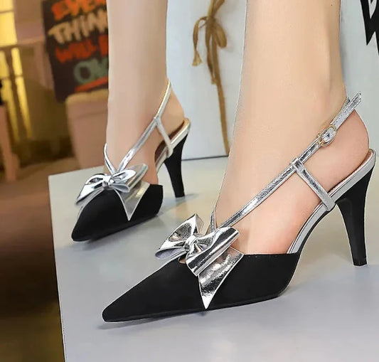 French Style Velvet Pointed Toe High Heels Hollow out Embroidery Butterfly Knot Party Shoes Women's Low Heel Single Shoes