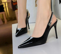 Fashion Women Pointed Toe Patent Leather High Heels Shallow Vamp Rhinestone Decorated Backless Strap Dress Shoes