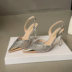 Elegant Hollow Out Woven Stiletto Sandals Women Pointed Toe Metal Straps High Heels