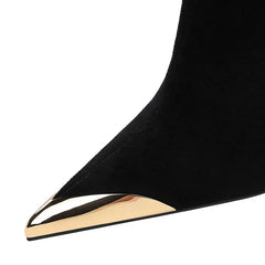 Street Style Fur Metal Hollow Heel Modern Faux Suede Short Boots for Women Metal Pointed Toe Low Heel Boots Female