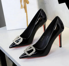 Banquet Pointed High Heels, Shallow Metal Rhinestone Thin Heel Patent Leather High Heels