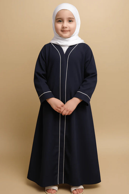 Kids Blue Abaya with White Piping