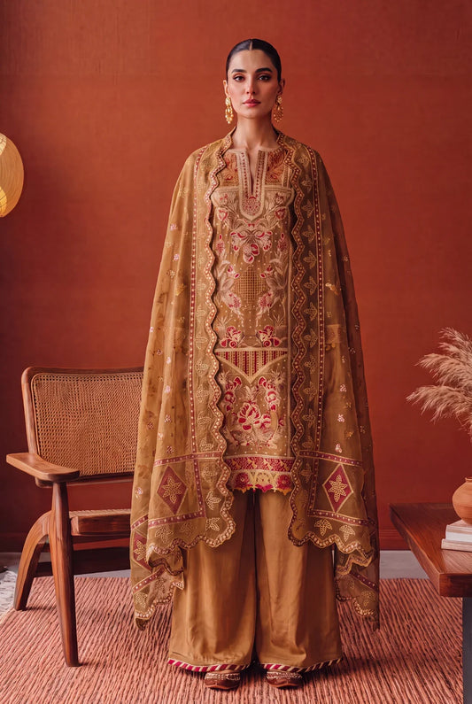 Zarmine – Champagne Gold and Crimson Embroidered Ensemble