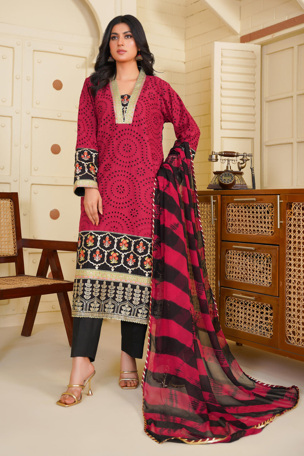 Petalfume – A Timeless Black & Maroon Ensemble from the Floral Whisper Collection