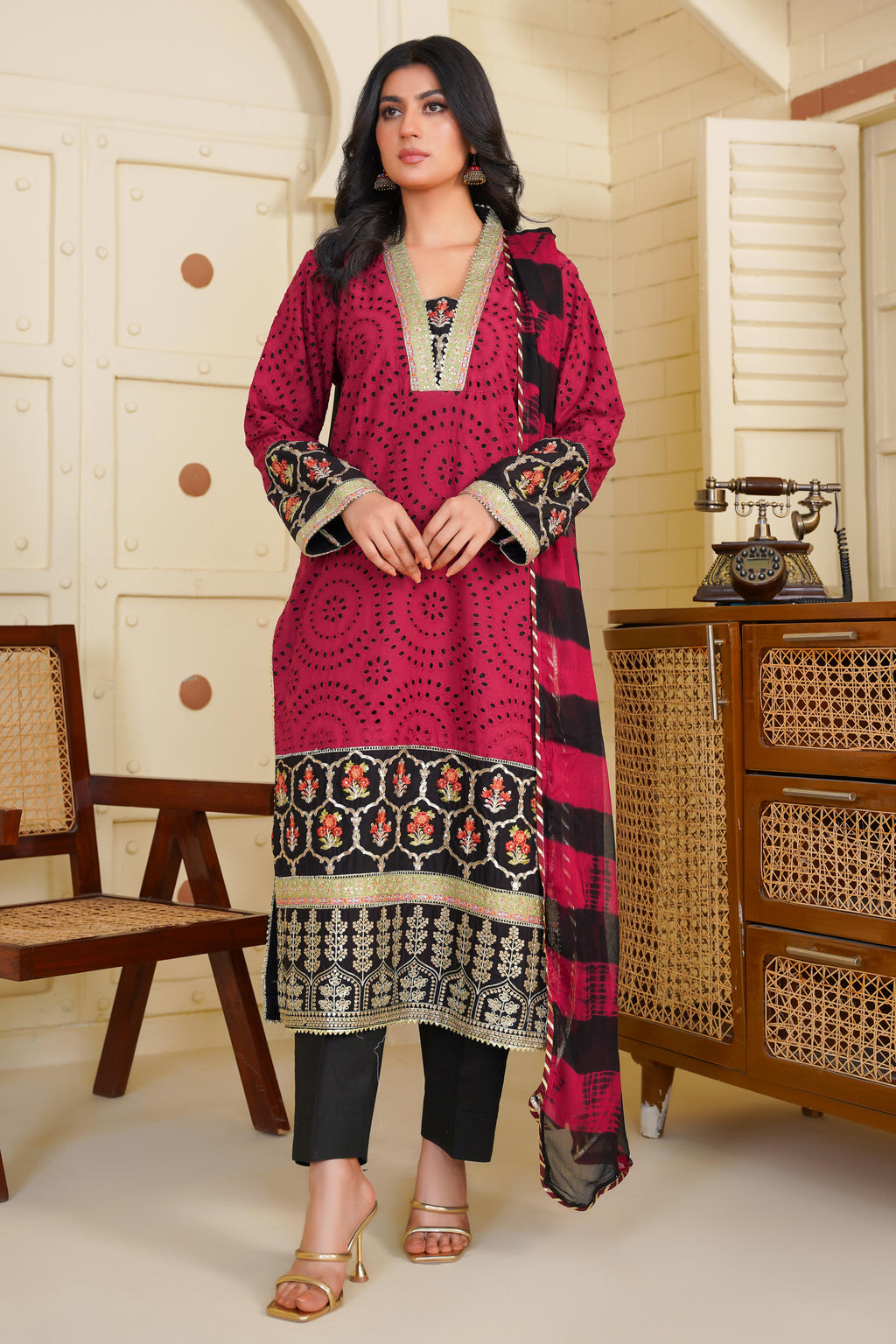 Petalfume – A Timeless Black & Maroon Ensemble from the Floral Whisper Collection