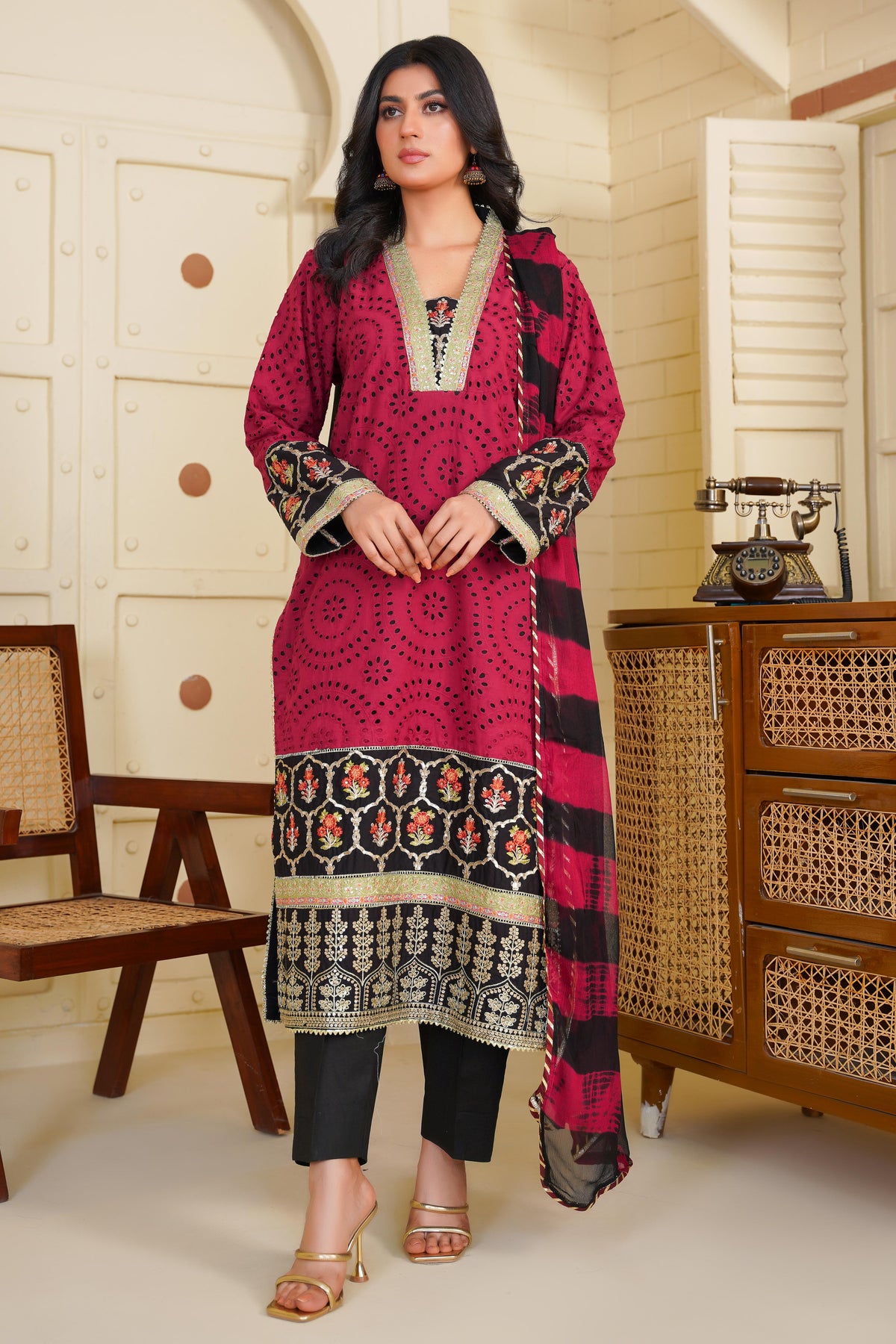 Petalfume – A Timeless Black & Maroon Ensemble from the Floral Whisper Collection