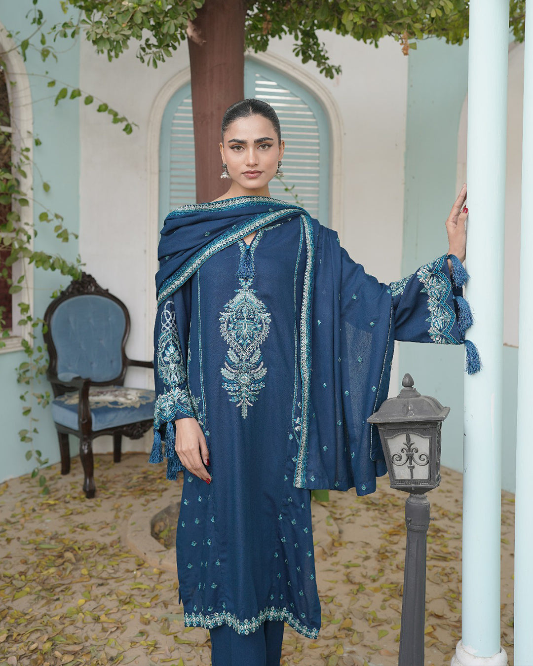 Sapphire Blue 3 Piece Embroidered