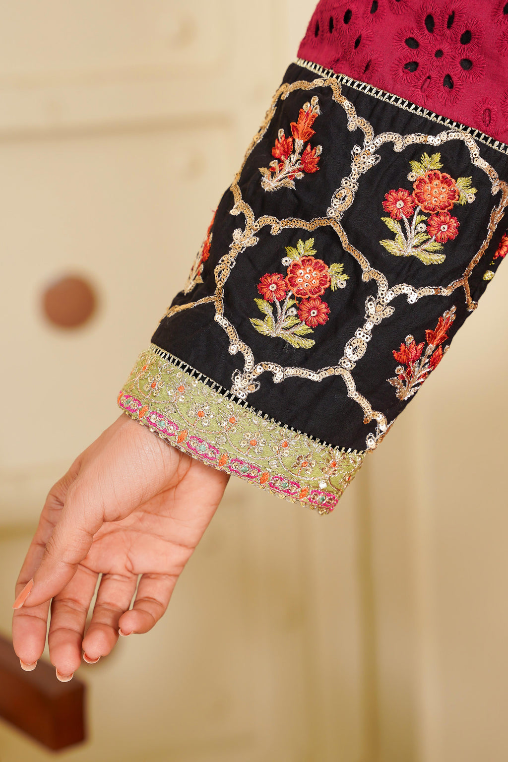 Petalfume – A Timeless Black & Maroon Ensemble from the Floral Whisper Collection