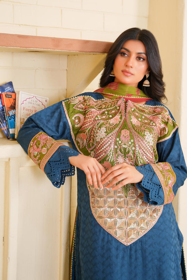 Lush Aura – A Mesmerizing Teal Blue Ensemble from the Floral Whisper Collection