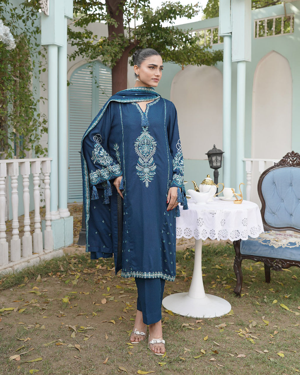 Sapphire Blue 3 Piece Embroidered