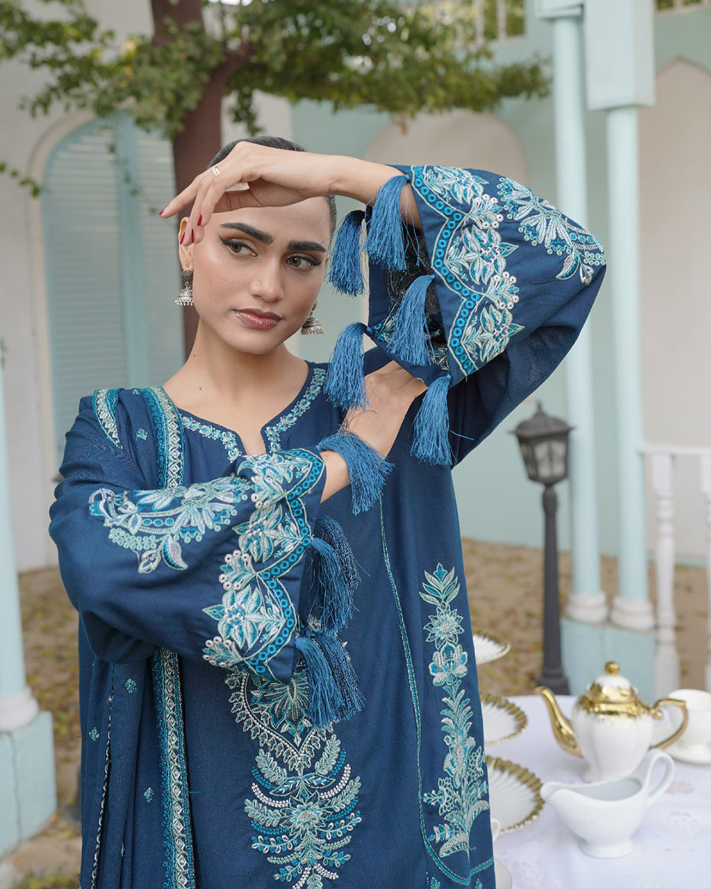 Sapphire Blue 3 Piece Embroidered