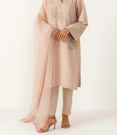 3 Pc Pink Oranza Embroidered Suit