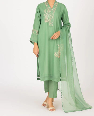 3 Pc Olive Oranza Embroidered Suit