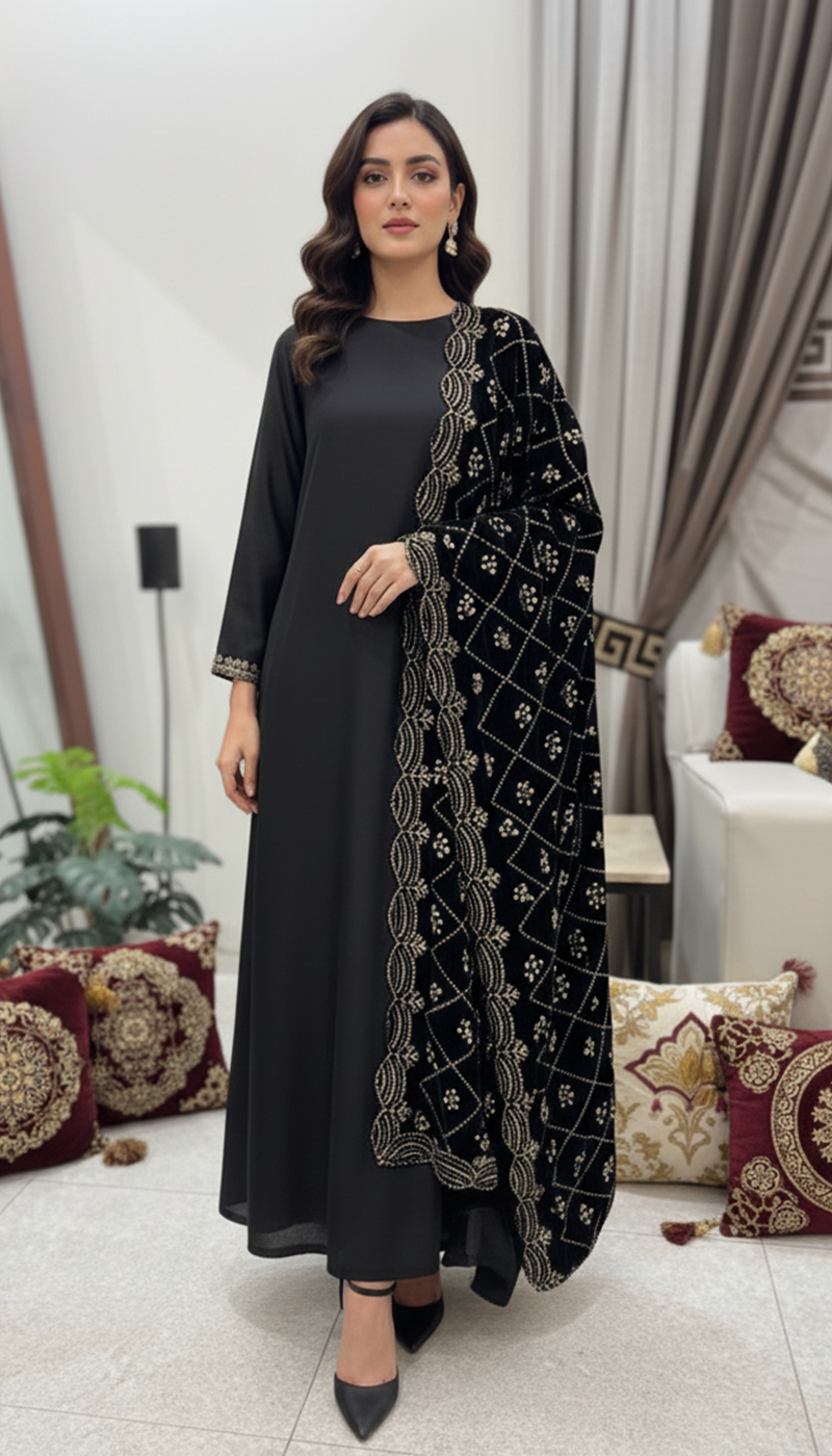 Black Velvet Shawl - Hand Embellished Main image