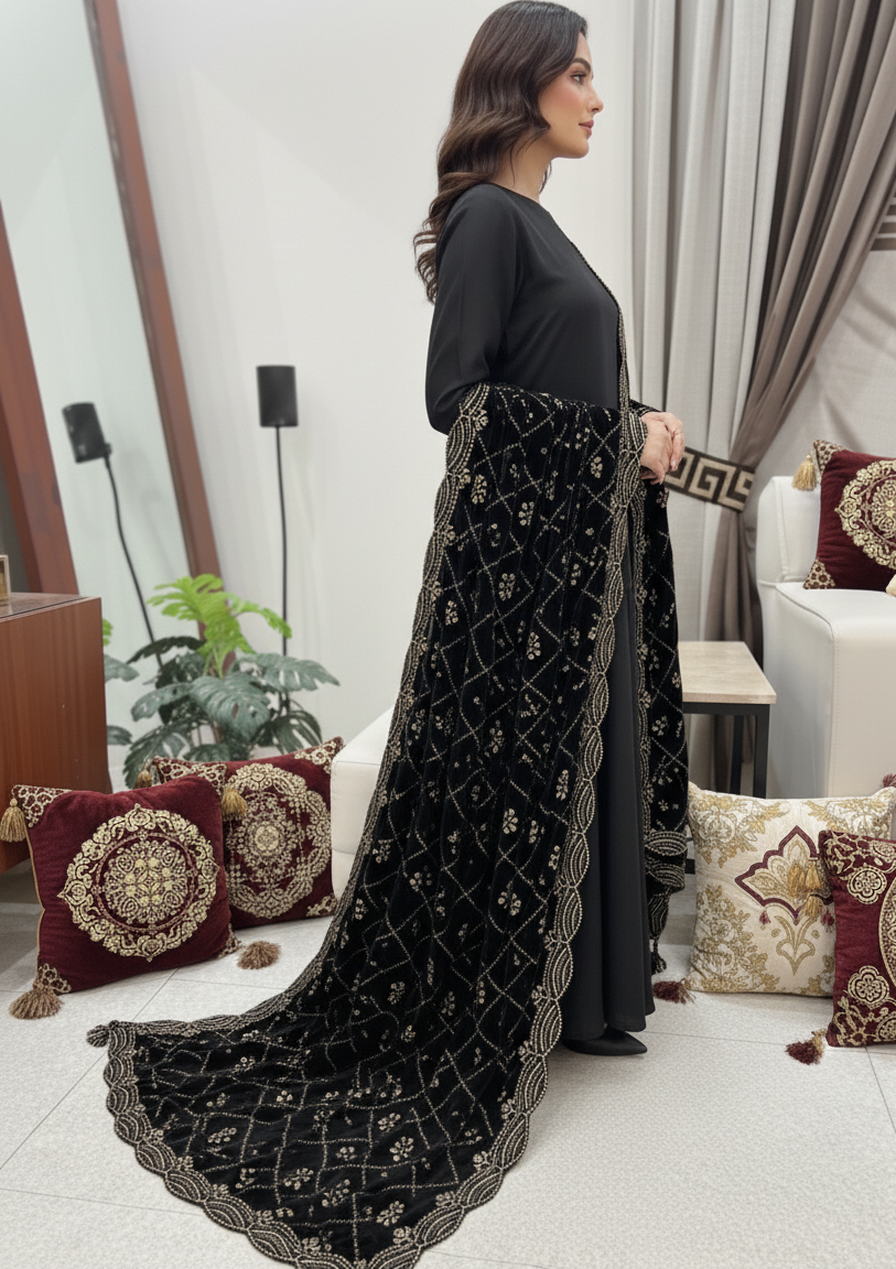 Black Velvet Shawl - Hand Embellished