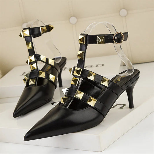 Female Rivets T-strap Sandals Pointy Toe Soft Leather Sexy Women Shoes Comfort 6CM High Heels Ladies Work Dress Shoe