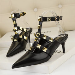 Female Rivets T-strap Sandals Pointy Toe Soft Leather Sexy Women Shoes Comfort 6CM High Heels Ladies Work Dress Shoe