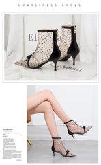 Fashion Women Ankle Boots Pointed Toe Short Pointed Toe Bow Design Thin Low Heels Back Zipper Fashion Boots Air Mesh Boots