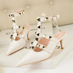 Female Rivets T-strap Sandals Pointy Toe Soft Leather Sexy Women Shoes Comfort 6CM High Heels Ladies Work Dress Shoe