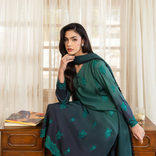 Forest Veil | Raw Silk 3-Piece | Dyed & Embroidered