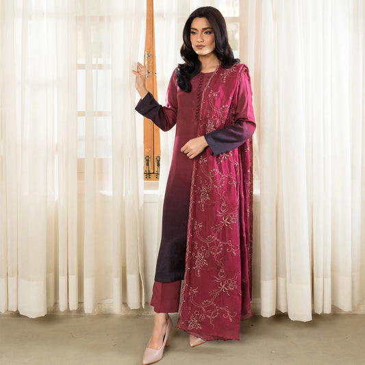 Carmine | Raw Silk 3-Piece | Dyed With Embroidered Dupatta